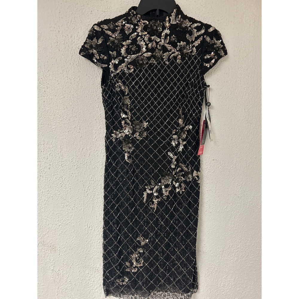 Adrianna Papell Black Lace Beaded Sequin Sheath Dress AP1E200264 Size 6 NWT